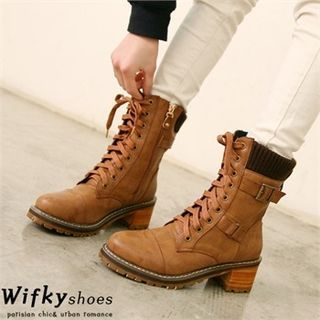 Wifky Knit-Panel Lace-Up Short Boots