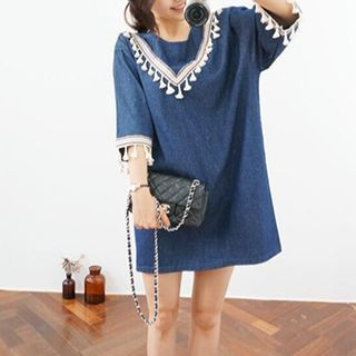 Jolly Club Elbow-Sleeve Fringe Denim Dress