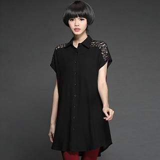 Mythmax Short-Sleeve Lace Panel Long Shirt