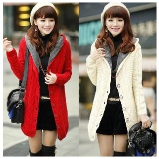 Angel Shine Furry-Lined Hooded Long Knit Cardigan