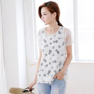 Tokyo Fashion Short-Sleeve Mesh-Panel Floral Top