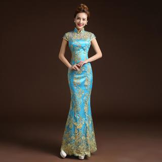 Posh Bride Cap-Sleeve Mandarin Collar Lace Mermaid Evening Gown