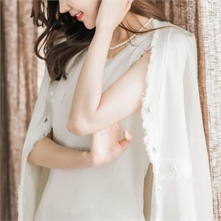 Attrangs Faux-Pearl Button Fringed Cardigan