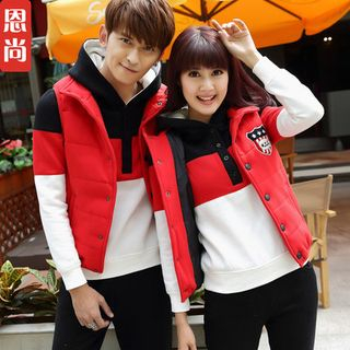 Igsoo Set: Matching Couple Padded Vest + Color-Block Hooded Pullover + Sweatpants