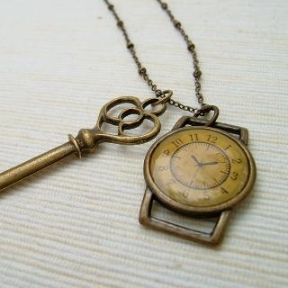 MyLittleThing Vintage Key & Clock Necklace Copper - One Size
