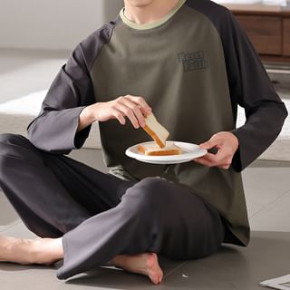 Pajama Set: Long-Sleeve Round Neck Lettering Raglan T-Shirt + Plain Pants