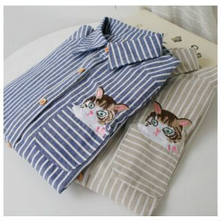 Clover Dream Cat Embroidered Striped Shirt
