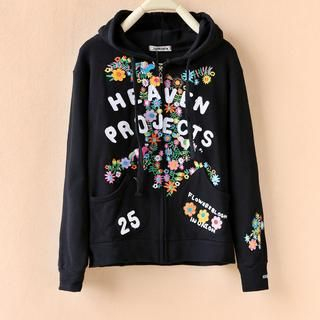 Cute Colors Flower Embroidered Hooded Zip Jacket