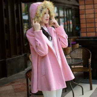 Halona Faux-Fur Trim Hooded A-Line Coat