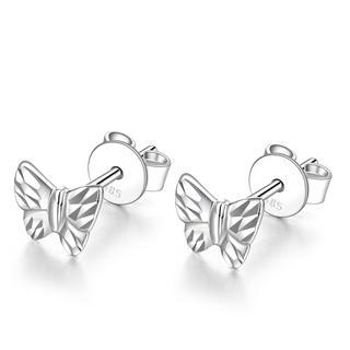 MaBelle 14K Italian White Gold Tiny Butterfly With Diamond Cut Stud Post Earrings, Women Girl Jewelry in Gift Box