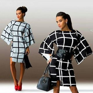 Onayaya Long-Sleeve Check Dress