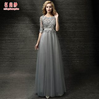 MSSBridal Elbow-Sleeve Lace Panel Evening Gown