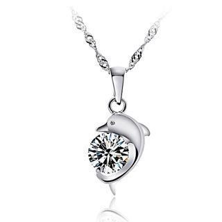 BELEC White Gold Plated 925 Sterling Silver Dolphin Pendant with White Cubic Zirconia and 40cm Necklace