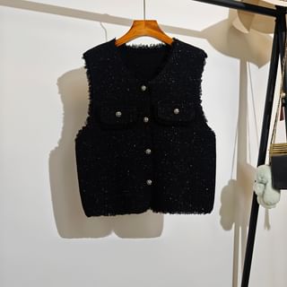 Sleeveless V-Neck Tweed Button Cropped Vest