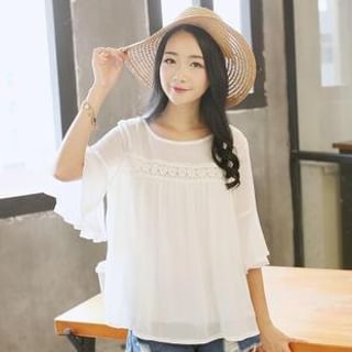 Sens Collection Elbow-Sleeve Ruffle Lace Panel Top