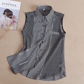 Sleeveless Collared Striped Button-Up Blouse