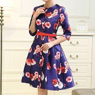 Quintess Elbow-Sleeve Printed A-Line Dress