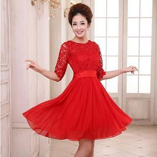 Luxury Style Elbow-Sleeve Lace A-Line Party Dress
