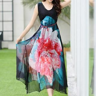 Romantica Sleeveless Belted Floral Silk Dress