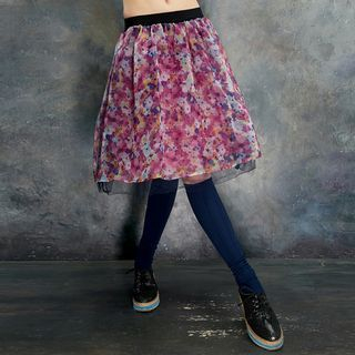 ELF SACK Mesh Panel Printed A-Line Skirt