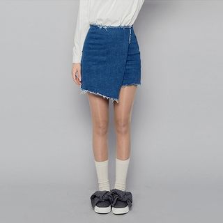 chuu Fray-Edge Denim Mini Wrap Skirt