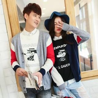Simpair Couples Color Mixed Sleeve V-Neck Sweater