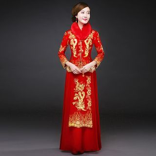 Royal Style Furry Collar Embroidered Long-Sleeve Cheongsam