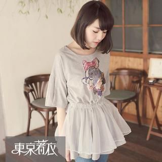 Tokyo Fashion Elbow-Sleeve Dog-Print Ruffle Top