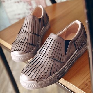 JY Shoes Fringed Genuine Leather Slip Ons