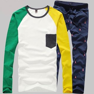 Chic Maison Set: Raglan Contrast-Color T-Shirt + Printed Sweatpants