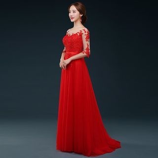 Royal Style Elbow-Sleeve Lace A-Line Evening Gown