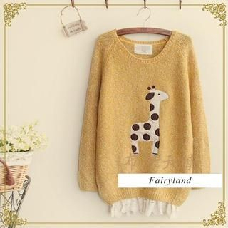 Fairyland Giraffe Appliqu  Lace Hem Sweater