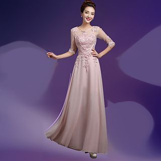 Daphne Elbow-Sleeve Lace Embroidered Evening Gown