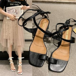 Leather | Sandal | Block | Wrap | Heel | Faux
