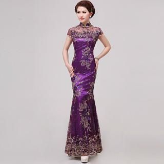 Posh Bride Lace Embellished Mandarin-Collar Mermaid Evening Gown