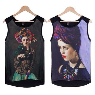 joELLE Printed Chiffon Panel Tank Top