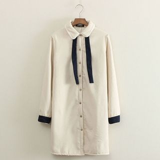 Mushi Tie-Neck Fleece-Lined Long Shirt