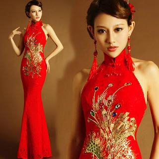 Angel Bridal Halter Embroidered Cheongsam Evening Dress