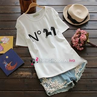 YOYO Short-Sleeve Lace-Panel Printed T-Shirt