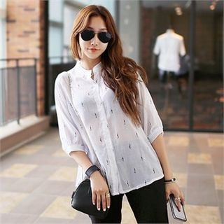 PIPPIN Mandarin-Collar 3/4-Sleeve Patterned Sheer Blouse