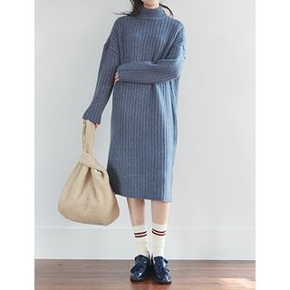 FROMBEGINNING Turtle-Neck Rib-Knit Midi Dress