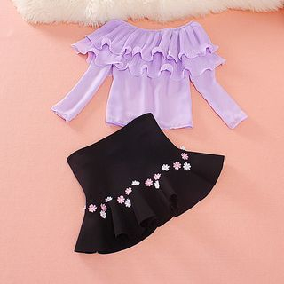 Daina Set: Frilled Neck Chiffon Top + Flower Skirt