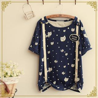 Fairyland Short-Sleeve Cat Print T-Shirt with Suspender and Brooch
