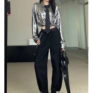 Long-Sleeve Plain Drawstring Hem Crop Shirt / Elastic Waist Loose Fit Cargo Pants