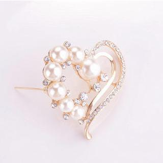 Best Jewellery Faux-Pearl Rhinestone Heart Brooch