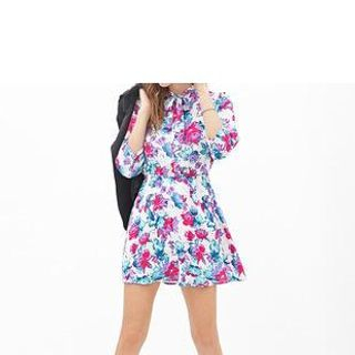 Richcoco 3/4-Sleeve Floral Print Chiffon A-Line Dress