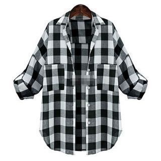 Oaksa Tab-Sleeve Plaid Shirt