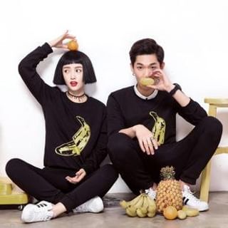 Simpair Couples Cotton Banana Printed Long-Sleeved Hedging Sweater