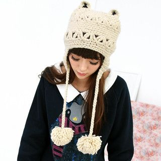 Cat-Ear Pompom Beanie Beige - One Size