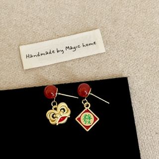 Lion Dance Asymmetrical Drop Earring 1 Pair - Asymmetrical - 925 Silver Stud - Red & Gold - One Size